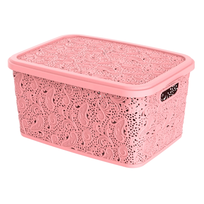 Caixa Organizadora Com Tampa Renda Floral rosa 17 litros