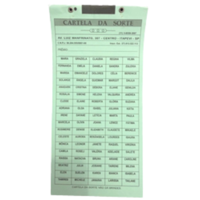 Cartela da Sorte com 100 nomes
