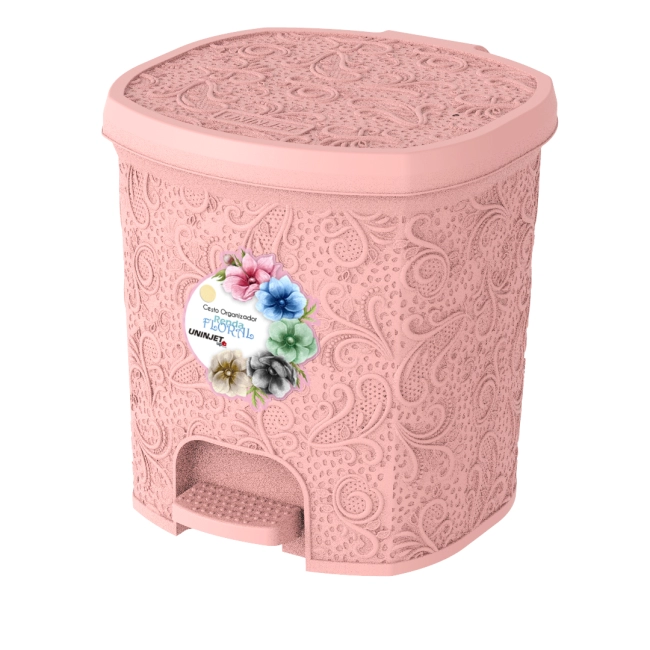 Cesto de Lixo de Pedal Renda Floral rosa 8 litros