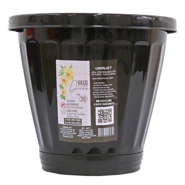 Vaso Cachepot Com Prato N35 - Preto REF 823